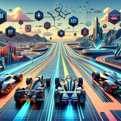 A futuristic race track in a digital landscape, symbolizing the competition in the 3D visualization and e-commerce industry of the four leading companies Threekit, Zakeke, Emersya and Spiff3D. 3D AR/VR V-commerce news