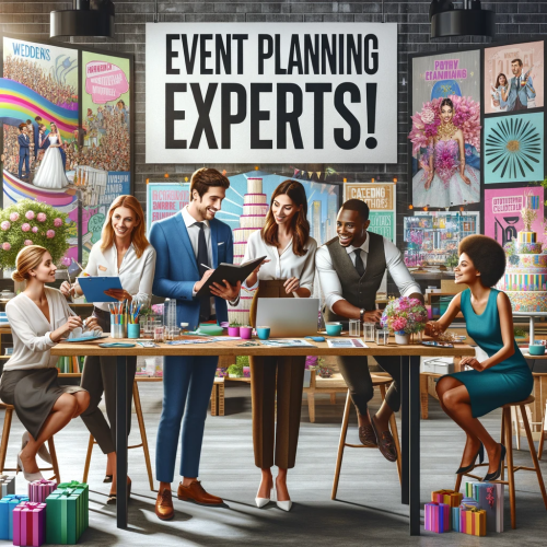 A professional yet fun image for an event planning company. The scene is set in a modern, bright office environment with a large, colorful banner. 3D AR/VR V-commerce news