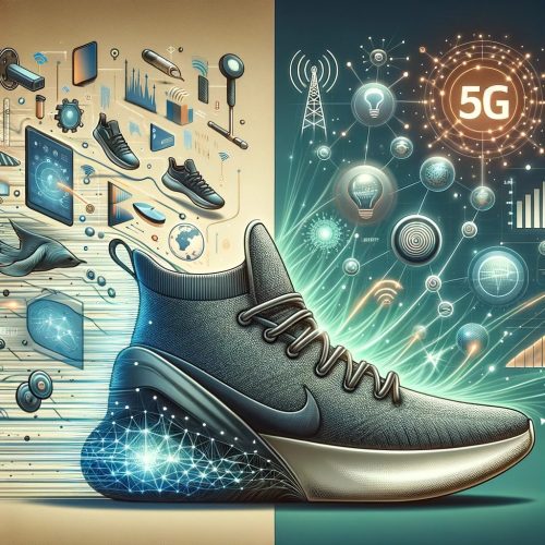 3D AR/VR V-commerce news : A professional and creative illustration demonstrating 5G's impact on digital twins, focusing on a pair of shoes as the digital twin. How does 5G revolutionizes e-commerce