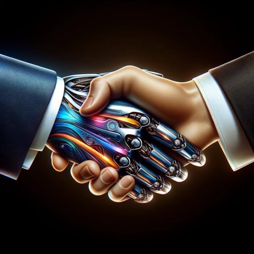 A picture of a handshake between a human and ChatGPT-4 depicted as an android.