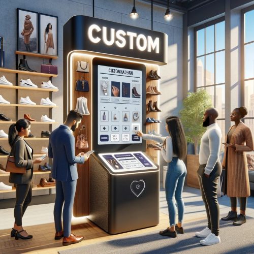 A realistic illustration of product personalization in a modern retail setting, featuring a diverse group of customers at a product customization station.