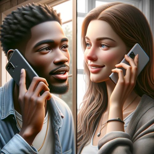 A photorealistic picture split illustration. On the left side, depict a young Black male speaking into a smartphone, his expression conveying warmth and affection for his girlfriend.