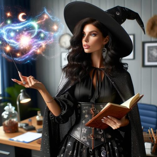 A woman working as a personal assistant, dressed in a creative witch costume. She has long, curly black hair and a pointed witch's hat.