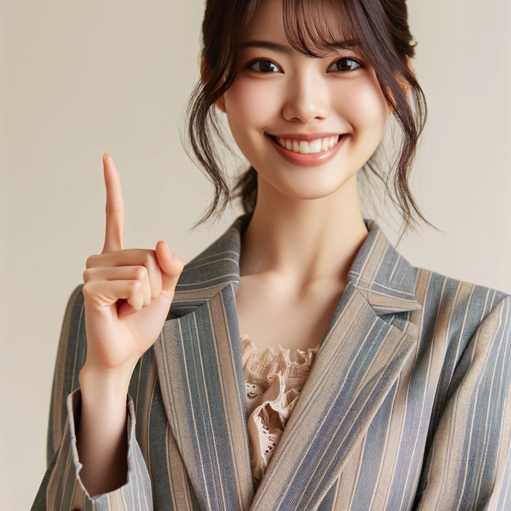 A young Japanese lady standing with a large smile on her face. She's doing the number one gesture with her right hand's index finger.