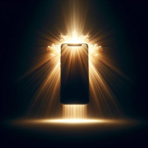 A striking image of a smartphone bathed in a divine, ethereal light against a stark black background. The smartphone is positioned in the center.