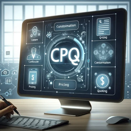 An illustration depicting a modern, digital interface with the acronym 'CPQ' prominently displayed on the screen. The interface shows a simple, user-friendly interface.