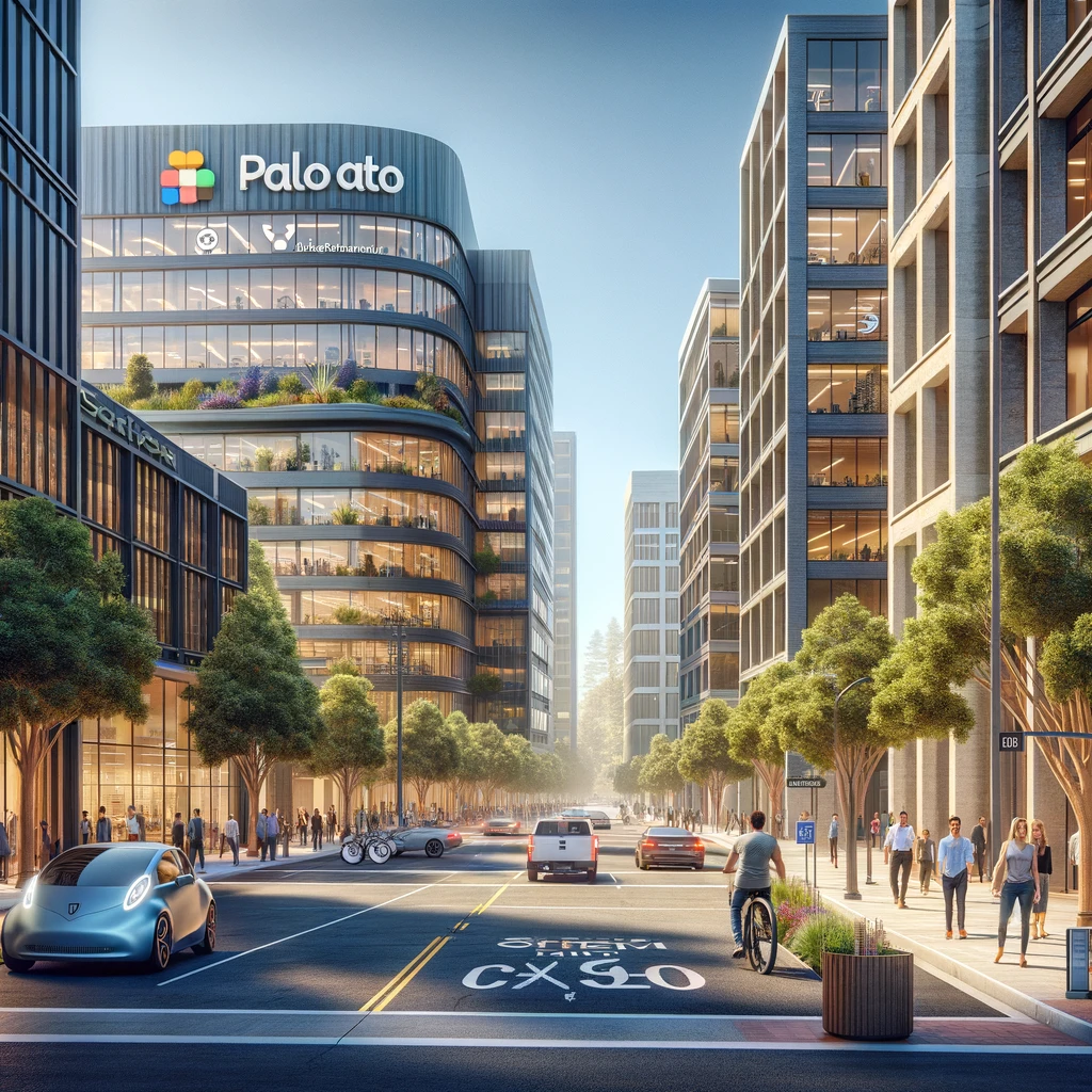 A photorealistic urban scene capturing the essence of Palo Alto, featuring a bustling street lined with modern office buildings adorned with logos of tech companies.