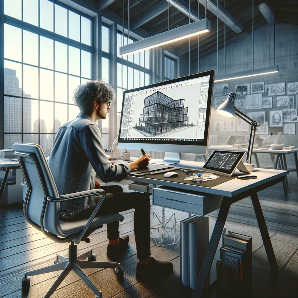 An illustration of a 3D artist deeply focused on their work, using the software Sketchup on a large, sleek computer monitor.